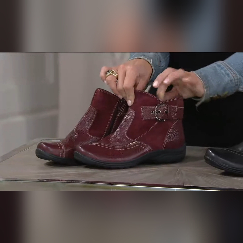 Earth Origins Leather And Suede Ankle Boots W/ Buckle - Picture 10 of 12